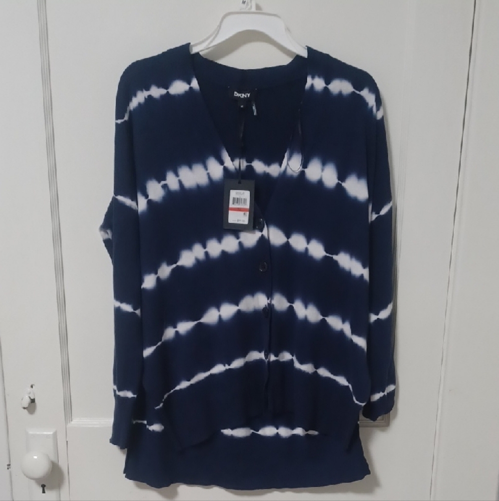 DKNY Navy and White Striped Tie Dye Look Sweater Blouse